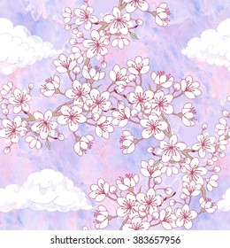 Seamless pattern  with sakura and clouds. Hand drawn spring blossom trees. Vector illustration with cherry blossoms.