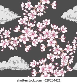 Seamless pattern  with sakura and clouds. Hand drawn spring blossom trees. Vector illustration with cherry blossoms