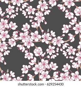 Seamless pattern  with sakura and clouds. Hand drawn spring blossom trees. Vector illustration with cherry blossoms