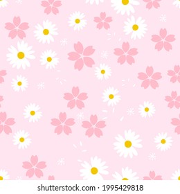 Seamless pattern with Sakura and daisy flower on pink background vector illustration. Cute floral print.