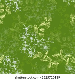 Padrão sem costura com sakura e eucalipto. Fundo desenhado à mão estilo de esboço de cor. Ilustração detalhada, desenhada à mão. Ótimo para tecido e têxtil, estampas, convite, embalagem