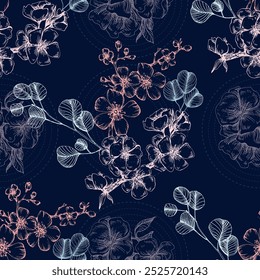 Seamless Pattern with sakura and eucalyptus. Color sketch style hand drawn background. Detailed illustration, hand drawn. Great for fabric and textile, prints, invitation, packaging