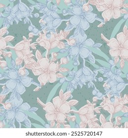 Seamless Pattern with sakura and eucalyptus. Color sketch style hand drawn background. Detailed illustration, hand drawn. Great for fabric and textile, prints, invitation, packaging