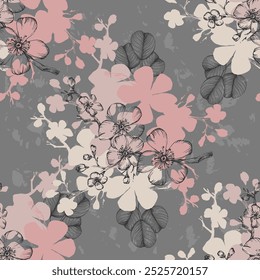 Seamless Pattern with sakura and eucalyptus. Color sketch style hand drawn background. Detailed illustration, hand drawn. Great for fabric and textile, prints, invitation, packaging