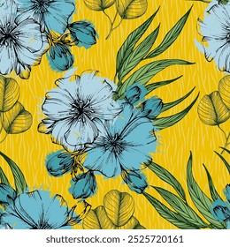 Seamless Pattern with sakura and eucalyptus. Color sketch style hand drawn background. Detailed illustration, hand drawn. Great for fabric and textile, prints, invitation, packaging