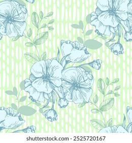 Seamless Pattern with sakura and eucalyptus. Color sketch style hand drawn background. Detailed illustration, hand drawn. Great for fabric and textile, prints, invitation, packaging