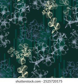 Seamless Pattern with sakura and eucalyptus. Color sketch style hand drawn background. Detailed illustration, hand drawn. Great for fabric and textile, prints, invitation, packaging