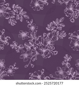 Seamless Pattern with sakura and eucalyptus. Color sketch style hand drawn background. Detailed illustration, hand drawn. Great for fabric and textile, prints, invitation, packaging