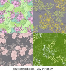 Seamless Pattern with sakura and eucalyptus. Color sketch style hand drawn background. Detailed illustration, hand drawn. Great for fabric and textile, prints, invitation, packaging
