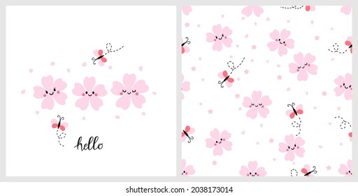 Seamless pattern with Sakura flower and butterfly cartoons on white background vector illustration. Set of cute childish prints. 