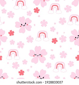 Seamless pattern with Sakura flower cartoon and rainbow on white background vector illustration. Cute childish print.
