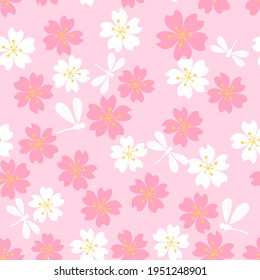 Seamless pattern with Sakura flower and dragonflies on pink background vector illustration.
