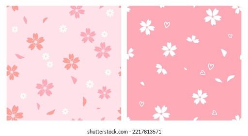 Seamless pattern with Sakura flower, flying petals, daisies and hand drawn hearts on pink backgrounds vector illustration. Cute floral print.