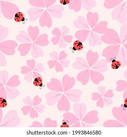 Nahtloses Muster mit Sakura-Blume und Ladybug auf rosafarbenem Hintergrund, Vektorgrafik.  