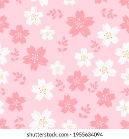 Seamless pattern with Sakura flower and leaves on pink background vector illustration.