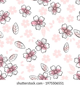 Seamless pattern with Sakura flower on white background vector illustration. Cute floral print.