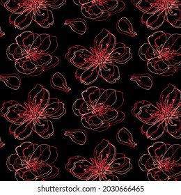 Seamless pattern with sakura flower. Pink and black floral backdrop. Cute leaves and  bud. Vector illustration