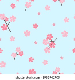 Patrón sin brillo con flor Sakura y estrellas en la ilustración vectorial de fondo azul.