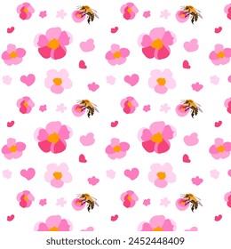 Seamless pattern sakura flowers bee white background Texture hand drawn Pink daisy petals folk Bright ornament Vector flat illustration