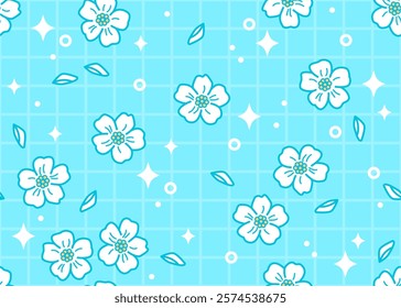 Seamless pattern with Sakura flowers. Blue background. Vector print for wallpaper, fabric, textile design, wrapping paper. White cherry blossom seamless pattern. Cute Japanese floral pattern. Korean
