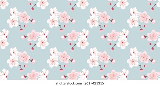 Seamless pattern of sakura flowers and branches on a blue background. Vector illustration.
