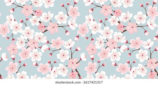 Seamless pattern of sakura flowers and branches on a blue background. Vector illustration.