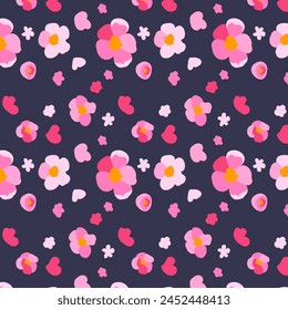 Seamless pattern sakura flowers dark background Texture hand drawn Pink cherry petals Bright ornament Vector flat illustration