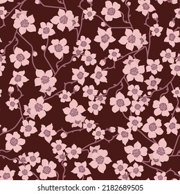 patrón ininterrumpido con flores sakura sobre fondo marrón oscuro