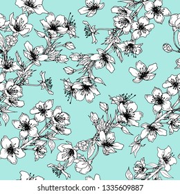 Seamless pattern with sakura flowers. Spring cherry blossom. Hand drawn vector on blue background.