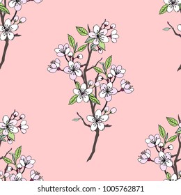 Seamless pattern  with sakura. Hand drawn spring blossom trees. Vector illustration with cherry blossoms.