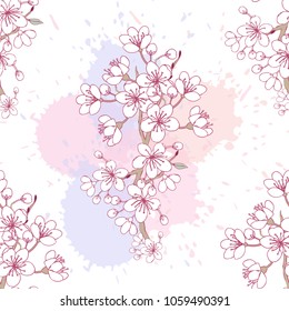 Seamless pattern  with sakura. Hand drawn spring blossom trees. Vector illustration with cherry blossoms.