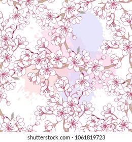 Seamless pattern  with sakura. Hand drawn spring blossom trees. Vector illustration with cherry blossoms.