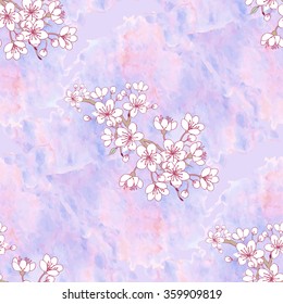 Seamless pattern  with sakura. Hand drawn spring blossom trees. Vector illustration with cherry blossoms.