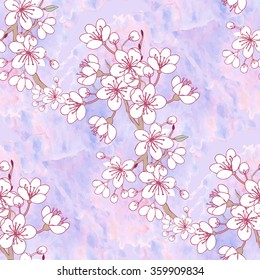 Seamless pattern  with sakura. Hand drawn spring blossom trees. Vector illustration with cherry blossoms.