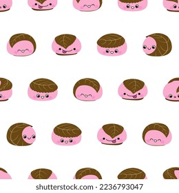 Seamless pattern with sakura mochi characters vector illustration isolated on white background. Kansai style Japanese dessert. Cute rice balls with different emotions