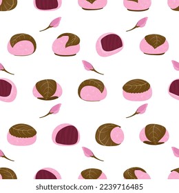 Seamless pattern with sakura mochi Kansai style. Japanese dessert. Rice balls wrapped in cherry leaves and cherry blossom buds. Azuki paste filling