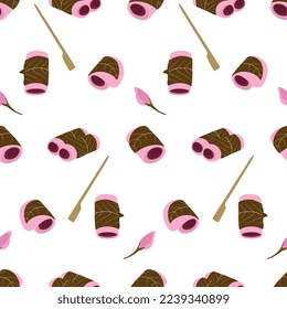 Seamless pattern with sakura mochi vector illustration. Kanto style Japanese sweets. Rice crepes with azuki paste wrapped in cherry leaves. Cherry blossom bud