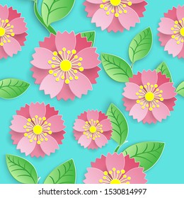 Seamless pattern with sakura paper cut, with decorative pink, red 3d flower and leaf, japanese cherry tree blossom. Floral stylish modern wallpaper. Trendy design, vector