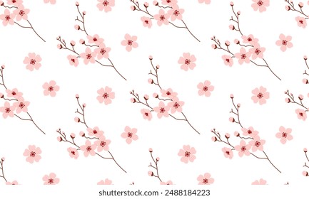 Patrón sin fisuras con sakura. Rama rosa de flor de cerezo en flor completa. Ilustración vectorial plana 