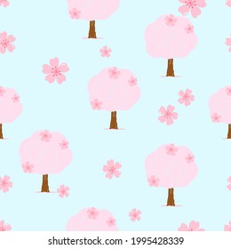 Seamless pattern with Sakura tree on blue background vector illustration.