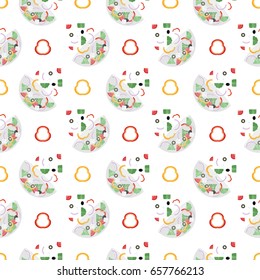 Seamless pattern with salad bowls. Tomatoes, olives, peppers, onions and cheese.
