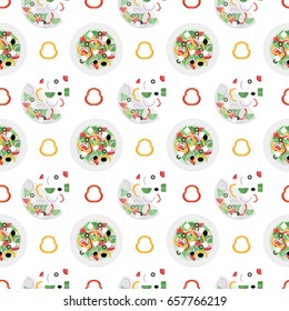 Seamless pattern with salad bowls. Tomatoes, olives, peppers, onions and cheese.