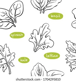 Patrón sin soldadura con hojas de ensalada y hierbas: espinacas, lechuga, kale, albahaca/ traza mano traza en línea negra de hierbas y verduras de ensalada aisladas en fondo blanco/ Ilustración vectorial