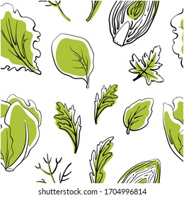 Seamless pattern with salad leaves and herbs. Colorful line sketch collection of vegetables and herbs isolated on white background. Doodle hand drawn vegetable icons. Vector illustration