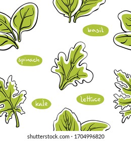 Patrón inoxidable con hojas de ensalada y hierbas. Colorida colección de bocetos de verduras y hierbas aisladas en fondo blanco. Íconos de verduras dibujados a mano. Ilustración del vector