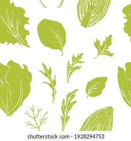 Seamless pattern with salad leaves and herbs. Colorful line sketch collection of green vegetables and herbs isolated on white background. Doodle hand drawn vegetable icons. Vector illustration