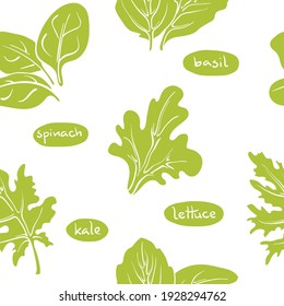 Patrón sin foco con hojas de ensalada y hierbas. Colorida colección de bocetos de verduras y hierbas verdes aisladas en fondo blanco. Iconos de verduras dibujados a mano con garabatos. Ilustración del vector