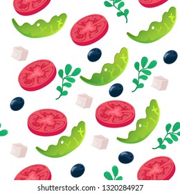 seamless pattern, salad, olives, tofu, tomatoes, vector