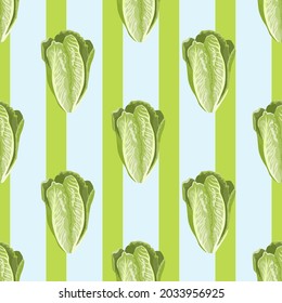 Seamless pattern salad Romano on stripe blue background. Beautiful ornament with lettuce. Geometrical plant template for fabric. Design vector illustration.
