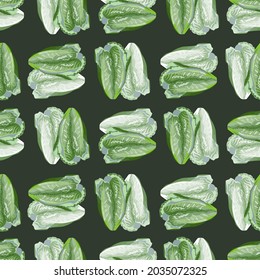 Seamless pattern salad Romano on dark background. Simple ornament with lettuce. Geometrical plant template for fabric. Design vector illustration.
